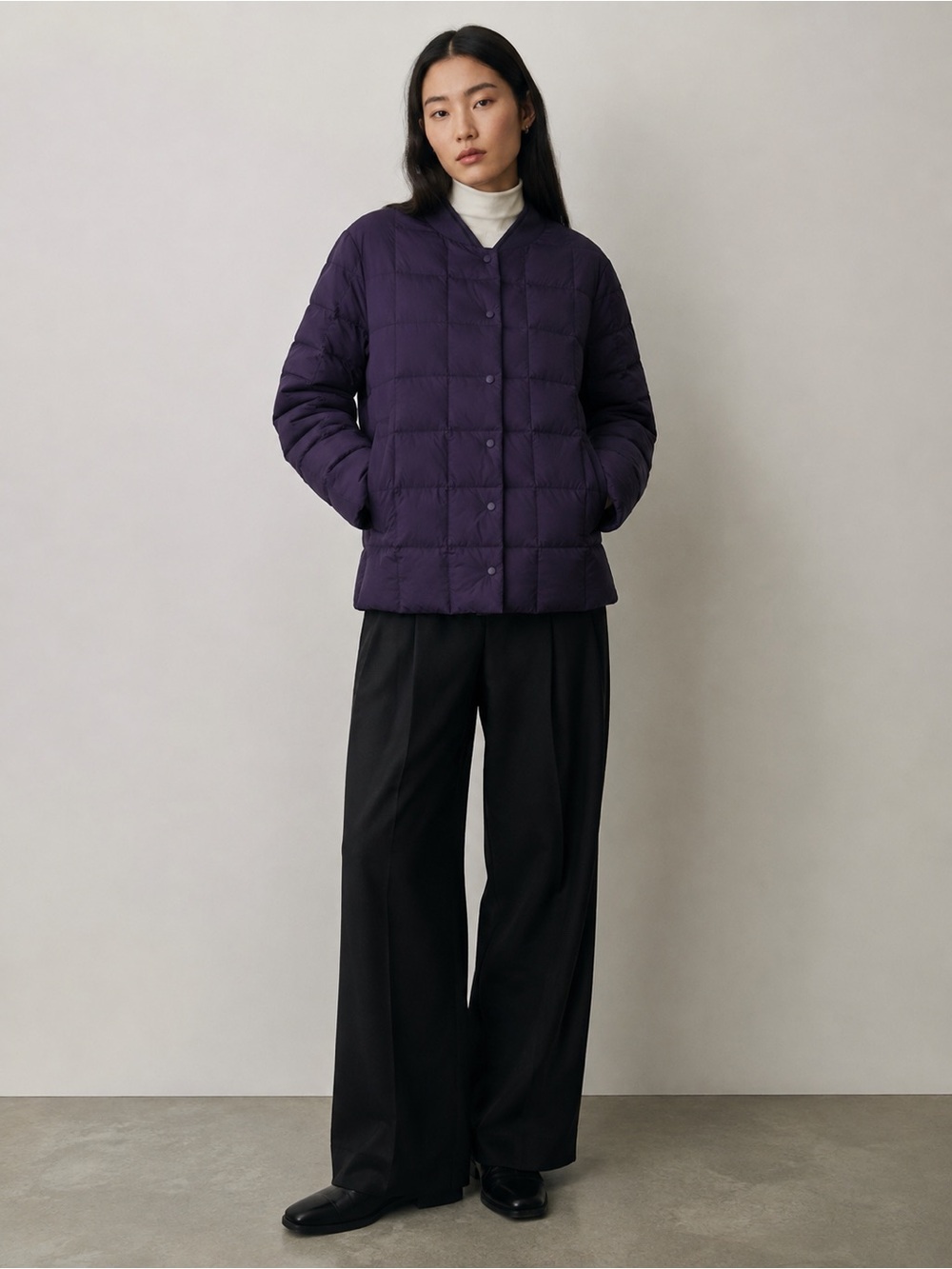 Boxy Quilted Puffer Bomber Jacket Plum Down Large